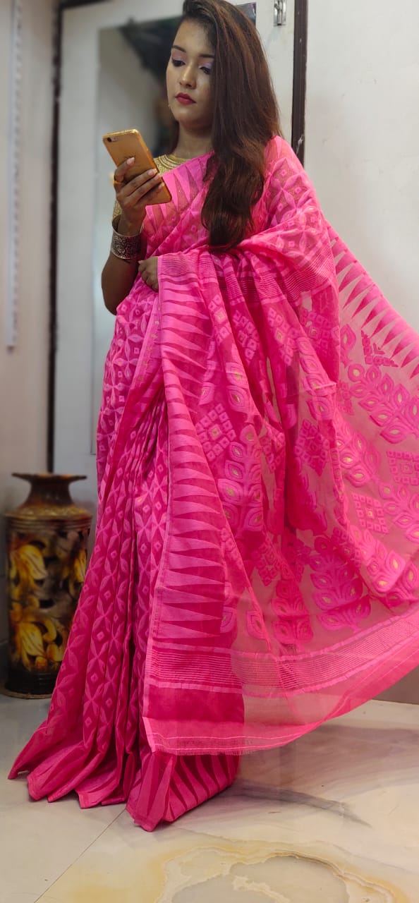Yellow Jamdani Saree with Allover Weaving – arhi.in